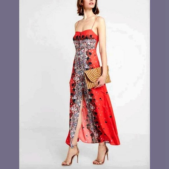 Free People Size M Womens Morning Song Printed Maxi Dress Orange Red Multicolor - Picture 2 of 12